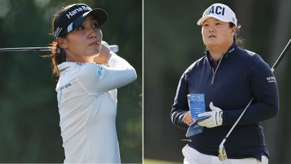 Two golfers with clubs in daylight