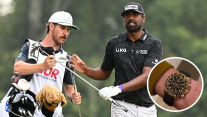 Golfers Hovland and Rahm standing together